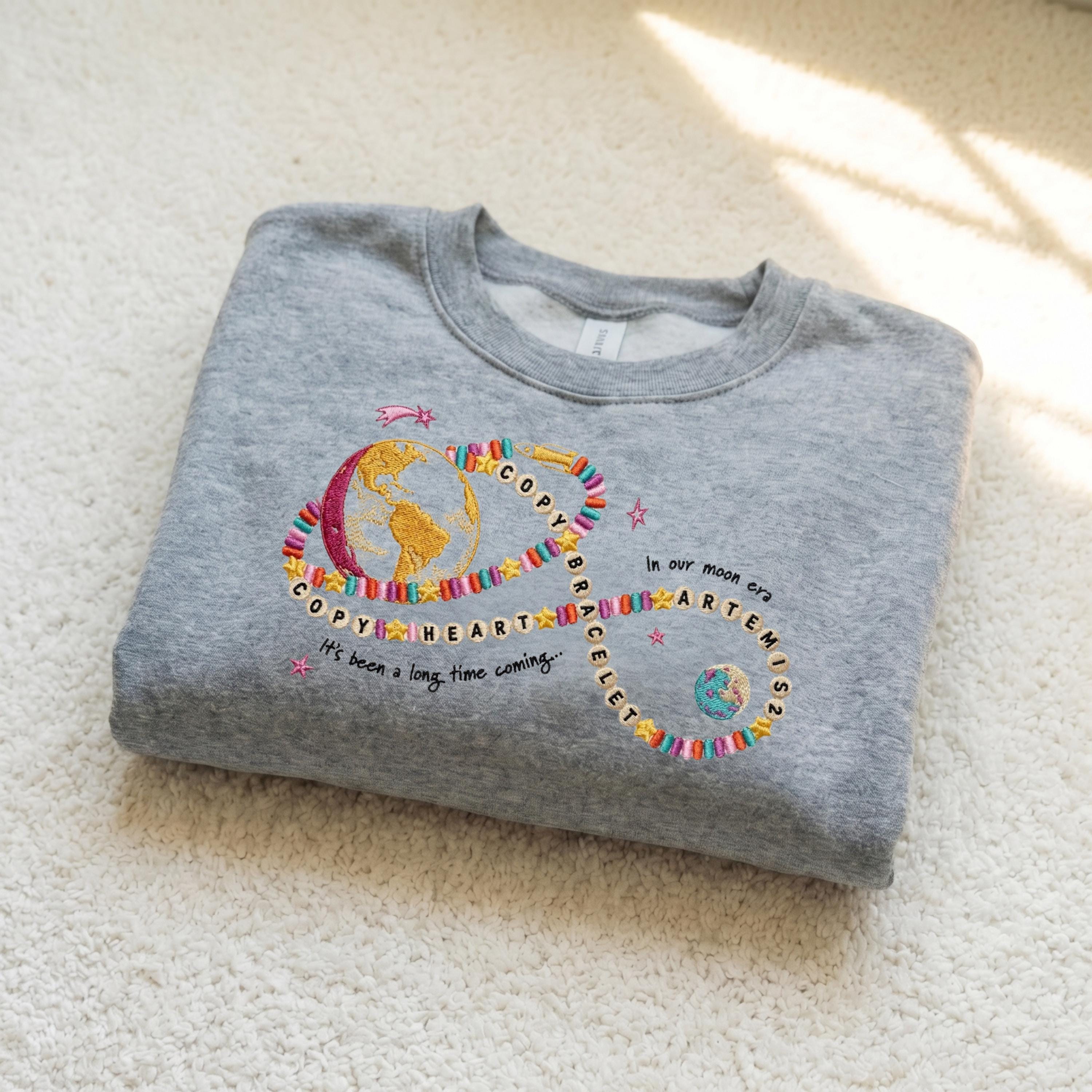 Heart Bracelet Embroidered Sweatshirt, Moon Joy Quote Shirt, Minimal Lunar Space Design, Night Sky Gift for Women