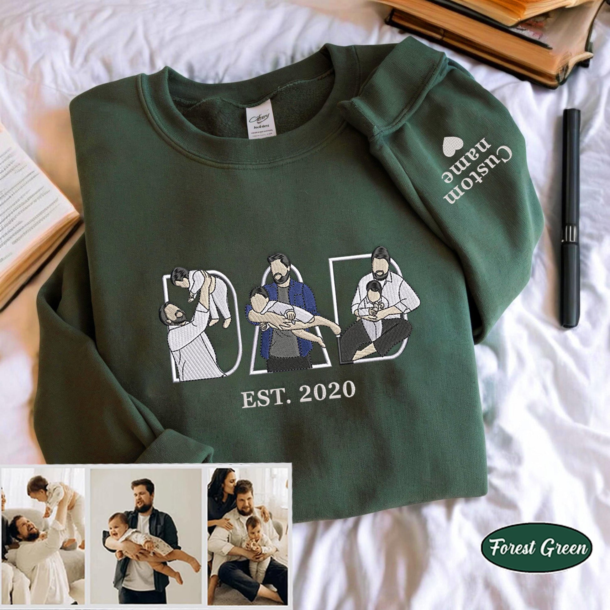 Embroidered Dad Hoodie, Custom Kid Portrait Sweatshirt, Personalized Name Sleeve