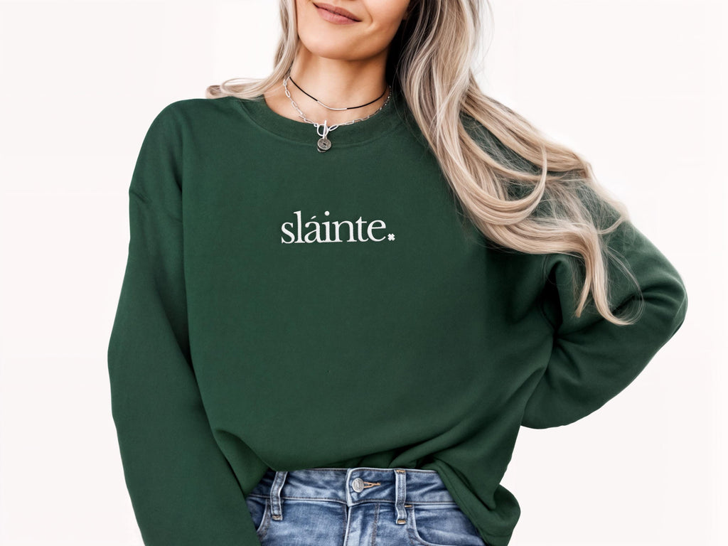 Minimalist Sláinte Embroidered Sweatshirt – St. Patrick’s Day Crewneck, Irish Shamrock Lucky Shirt, Irish Gift