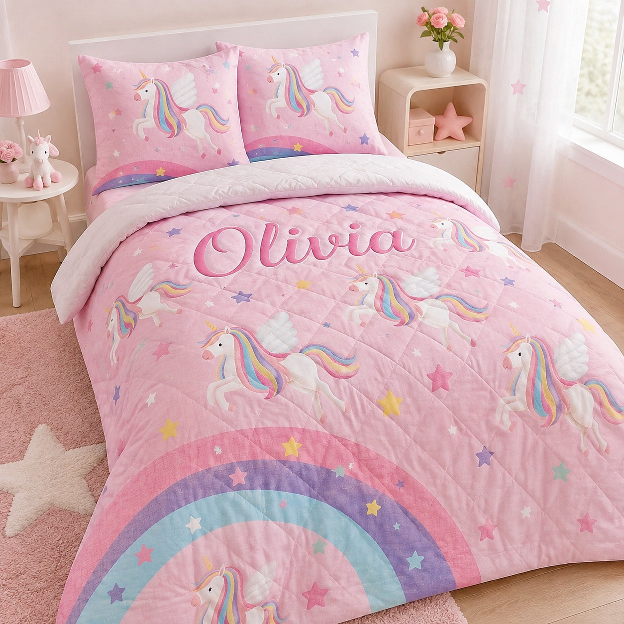Unicorn Quilted Bedding Set, Unicorn Blanket, Custom Pink Rainbow Quilt Set with Pillow Covers, Magical Girls Bedroom Decor QBEDSET03