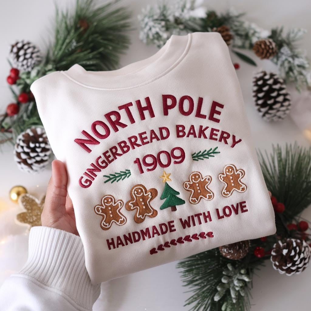 North Pole Gingerbread Bakery Embroidered Sweatshirt, Christmas Crewneck, Cute Holiday Sweater, Gingerbread Shirt, Xmas Gift