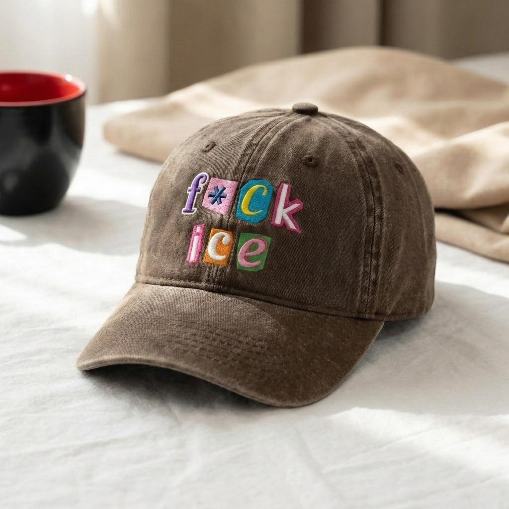 F*ck ICE Magazine Letters Embroidered Washed Baseball Hat – Abolish ICE Cap | FDT, No Human Is Illegal, Anti-MAGA Unisex Headwear