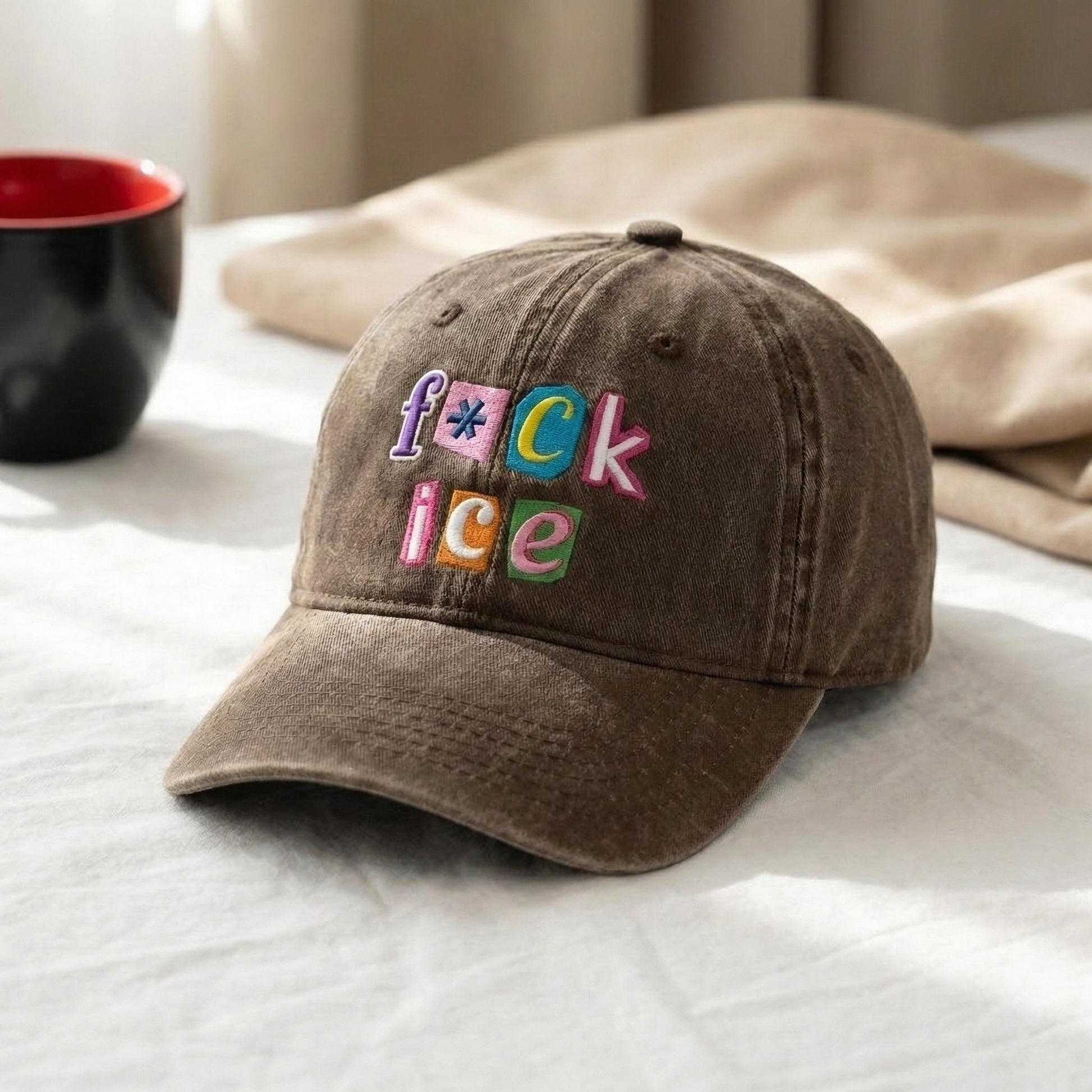 F*ck ICE Magazine Letters Embroidered Washed Baseball Hat – Abolish ICE Cap | FDT, No Human Is Illegal, Anti-MAGA Unisex Headwear