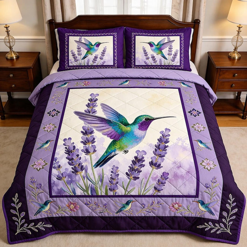 Lavender Hummingbird Pattern Blanket, Hummingbird Quilted Bedding Set, Custom Quilt with Pillow Covers, Bedding Decor QBEDSET37