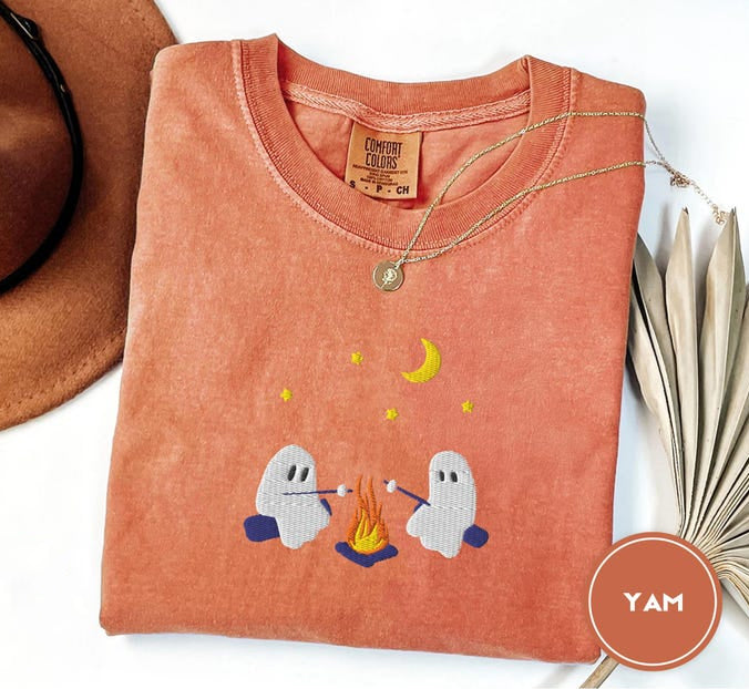Cute Ghosts Camping Embroidered Shirt, Spooky Season Outdoors Gifts, Halloween Vintage Embroidery Shirt, Unisex Shirt HLEM04