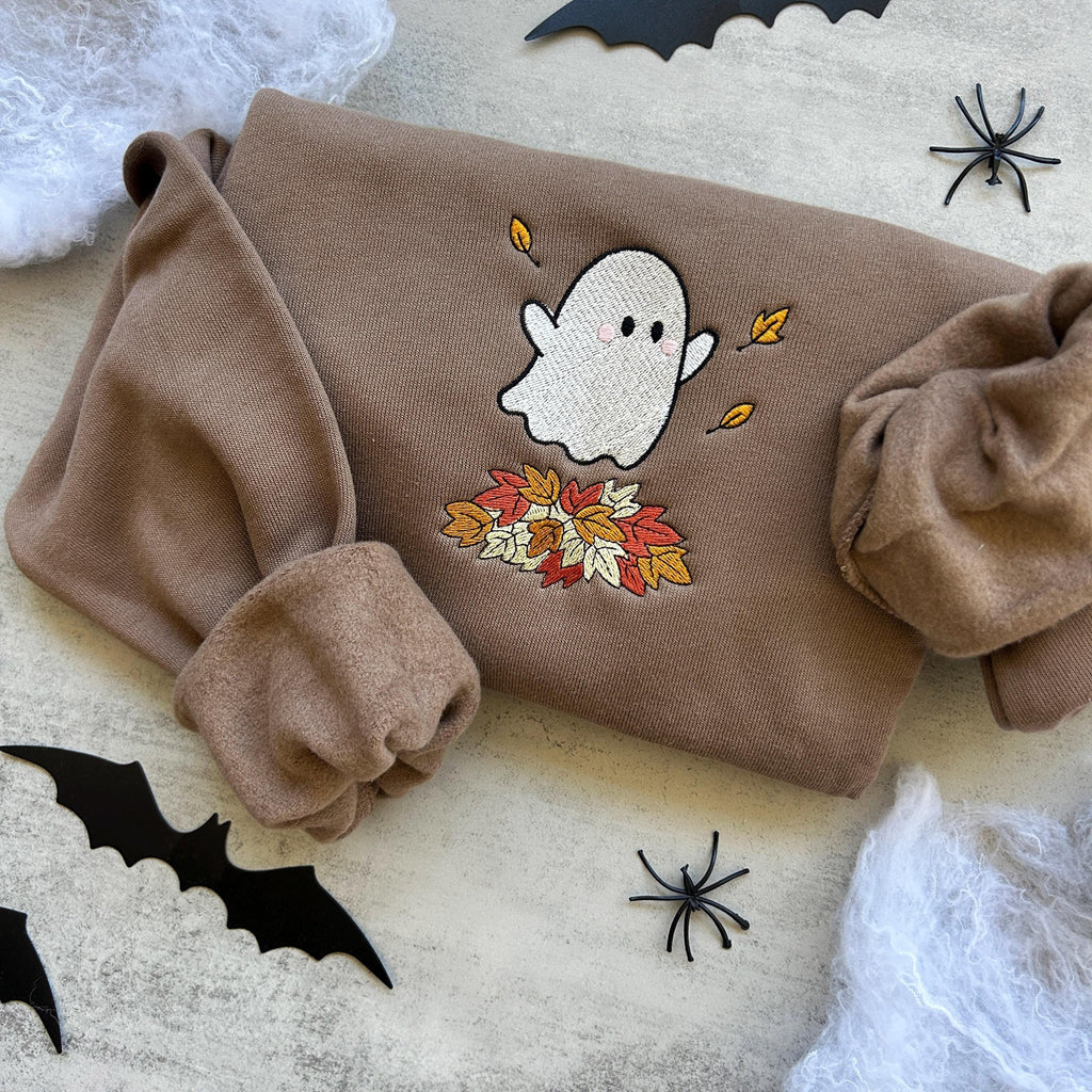 Embroidered Fall Ghost Sweatshirt, Autumn Cozy Season Sweatshirt, Pumpkin, Embroidered Mushroom Sweater, Halloween Sweatshirt, Fall Apparel