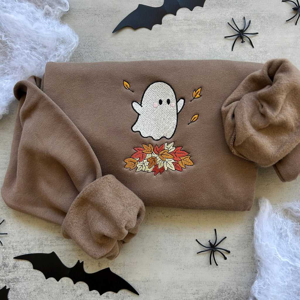 Embroidered Fall Ghost Sweatshirt, Autumn Cozy Season Sweatshirt, Pumpkin, Embroidered Mushroom Sweater, Halloween Sweatshirt, Fall Apparel