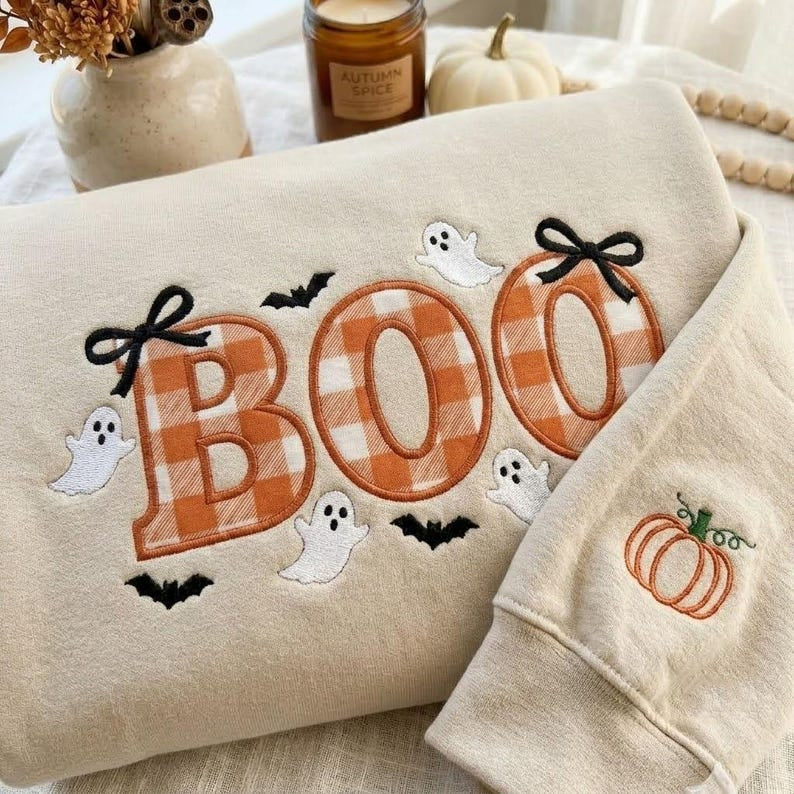 Embroidered Varsity Boo Shirt, Spooky Coquette Bow Shirt, Trendy Fall Ghost Tee, Fall Season Shirt, Autumn Girly Gift HLNS04