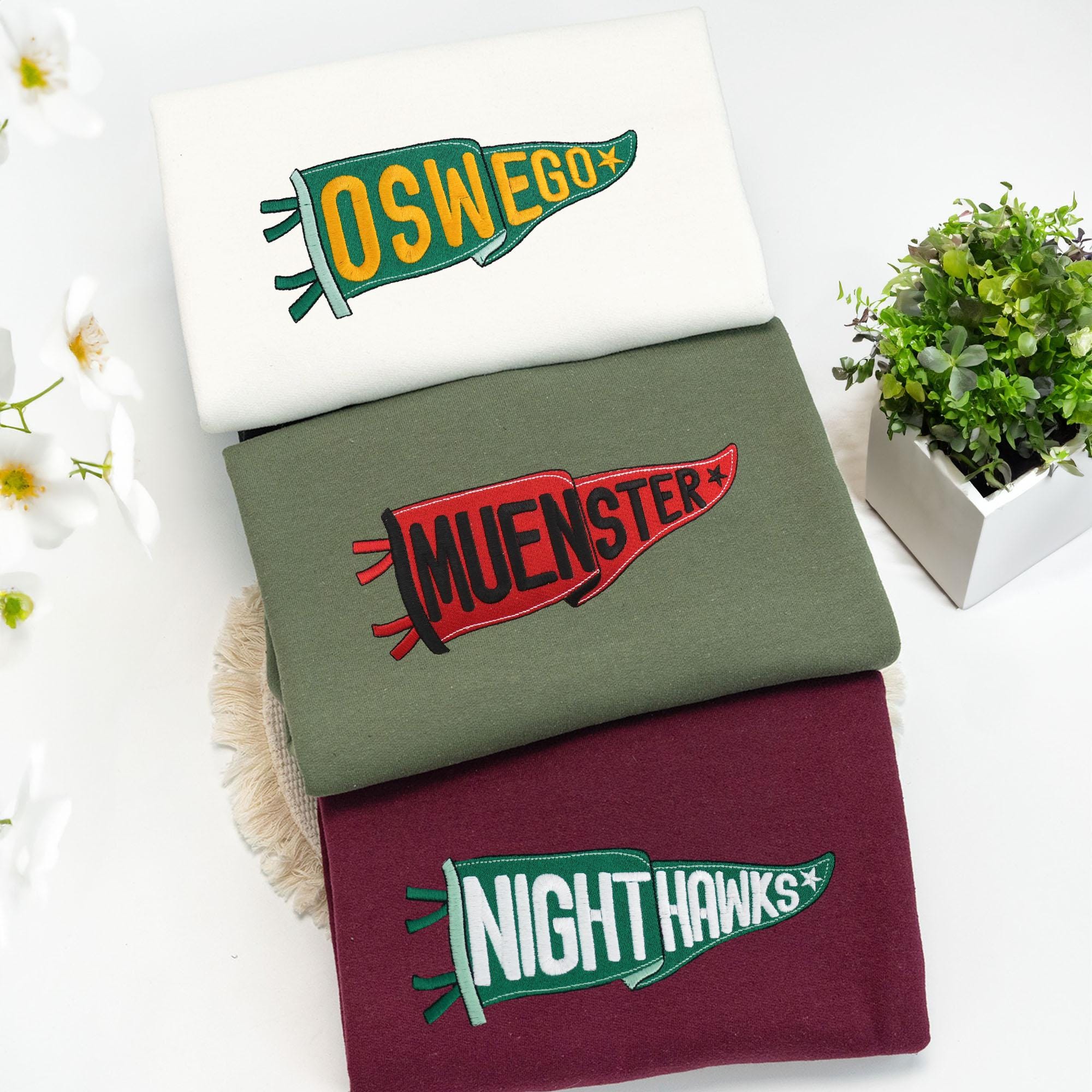 Custom Embroidered College Pennant Sweatshirt, Personalized School Name Sweater, University High School Apparel, Senior Class Gift, Custom Team Crewneck