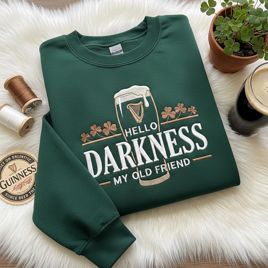 Embroidered Hello Darkness My Old Friend Irish Beer Sweatshirt, St Patrick's Day Party pullover, Stout Beer Lover, Irish Pride Apparel