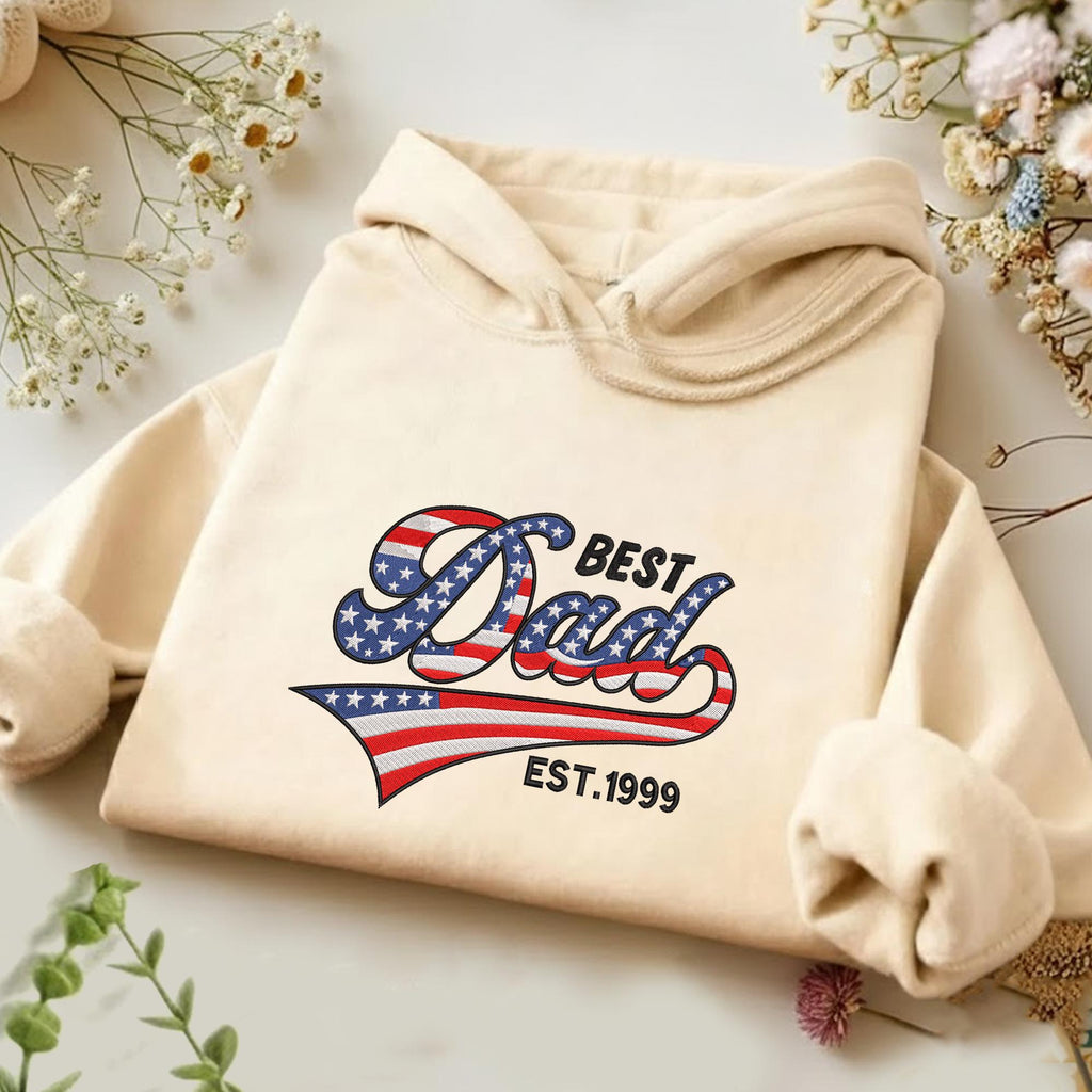Best Dad American Flag Embroidery Hoodie, Custom Number or Name Embroidery, Father's Day Gifts