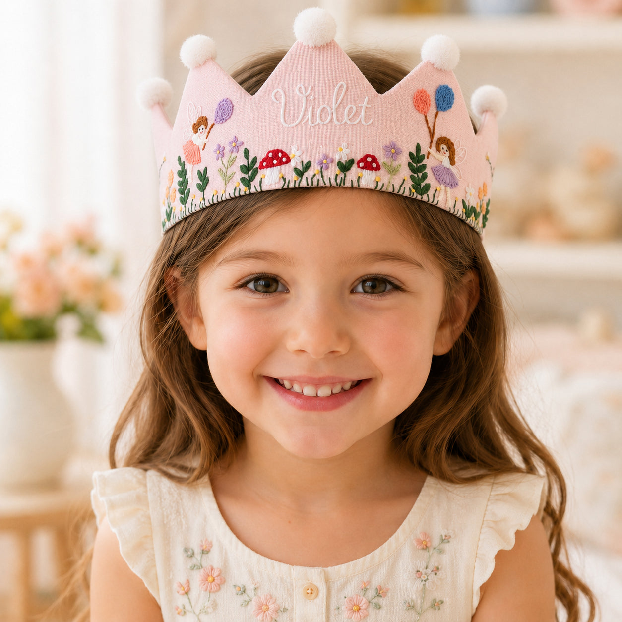 Hand-Embroidered Floral And Angel Linen Birthday Crown, Personalized Floral Name Keepsake, Birthday Crown For Kid, Custom Embroidered Crown EMC03
