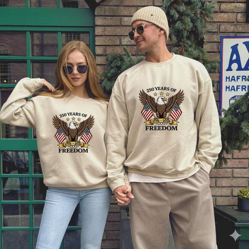 250 Years of Freedom Embroidery Sweatshirt – USA Eagle Patriotic Machine Embroidery Sweatshirt, American Flag 1776–2026