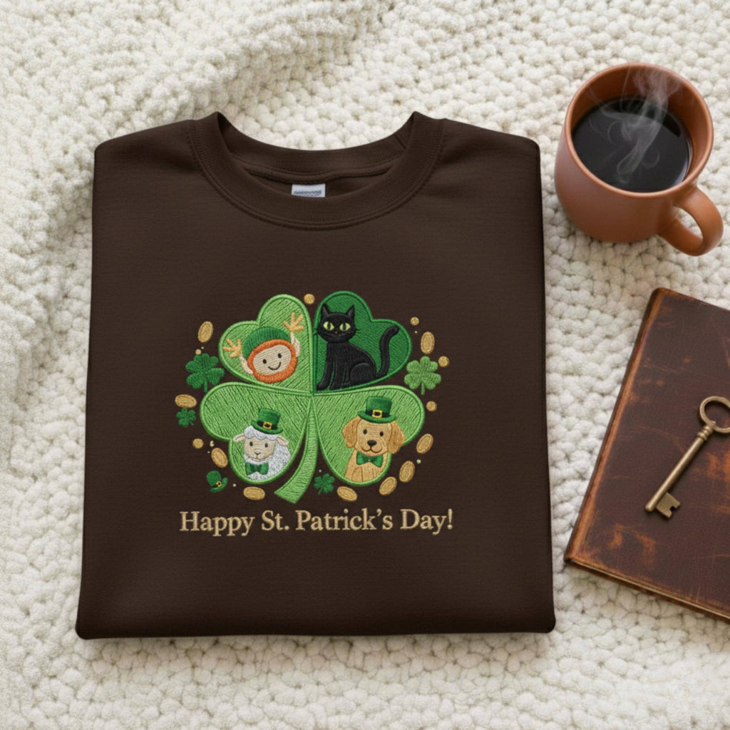 St. Patrick’s Day Embroidered Shirt – Lucky Clover Embroidery Sweatshirt, Irish Family Crewneck, St. Paddy’s Day Gift