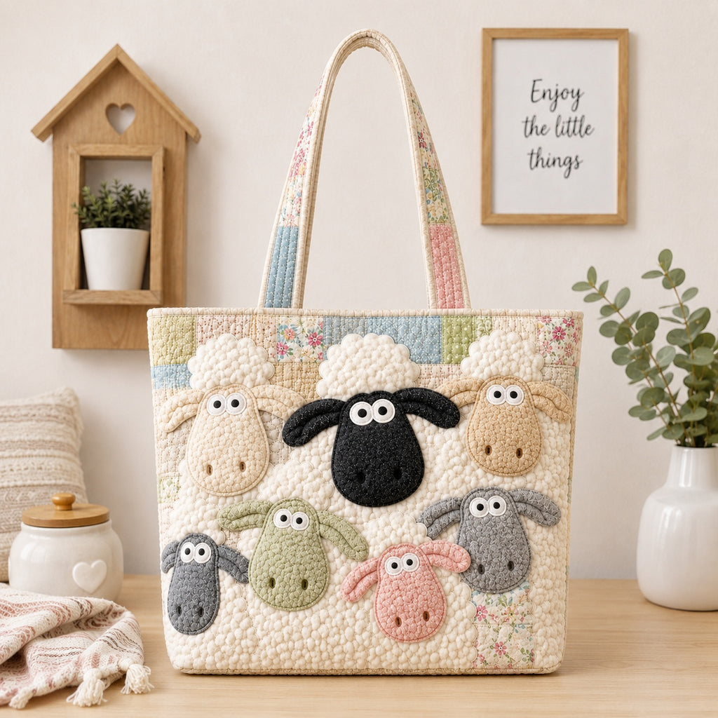 Cute Sheep Quilted Tote Bag, Colorful Sheep Shoulder Bag, Animal Pattern Art Tote, Fabric Tote Bag, Gift Bag QTOTE29