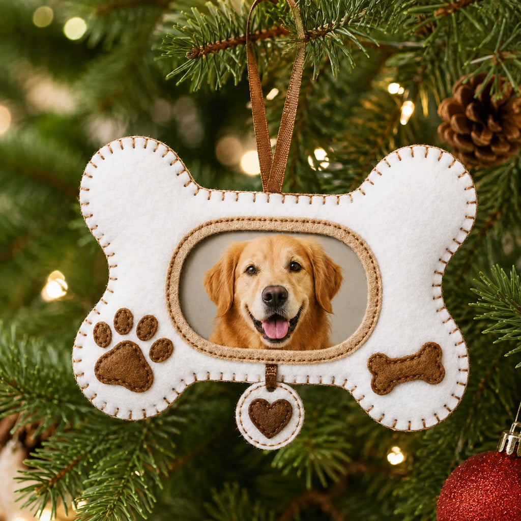 Custom Pet Photo Dog Bone Felt Ornament, Personalized Christmas Tree Decoration, Handmade Pet Keepsake, Dog Memorial Gift NHFOR11