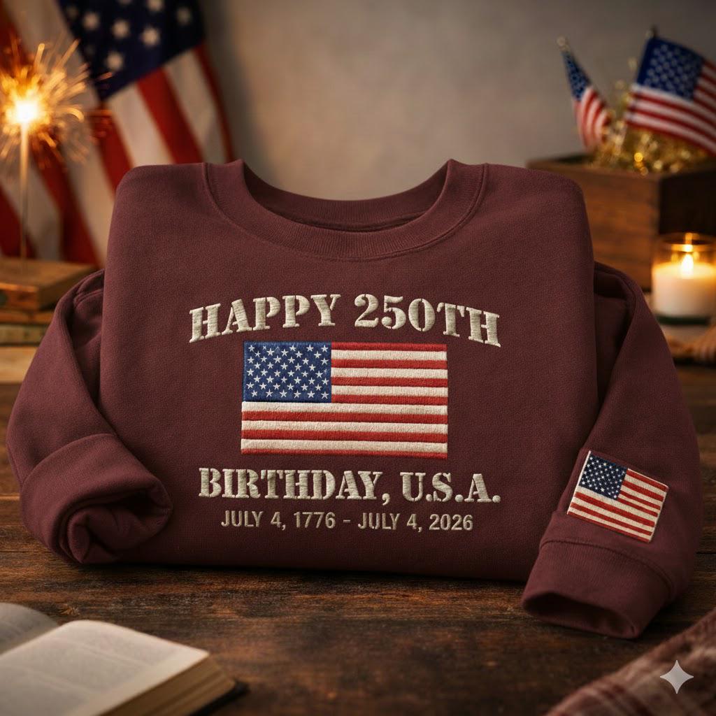 250th Anniversary USA Embroidered Sweatshirt – Patriotic Crewneck 1776–2026, Vintage 4th of July Outfit, American Flag Gift