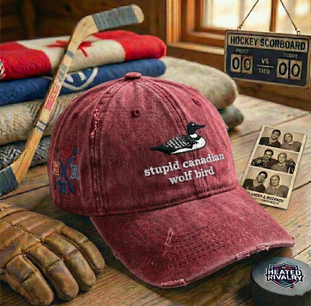 Stupid Canadian Wolf Bird Embroidered Washed Hat, Hockey Romance LGBT Hockey Fan Gift, Heated But Devote Movie Baseball Hat, Team Hollanov