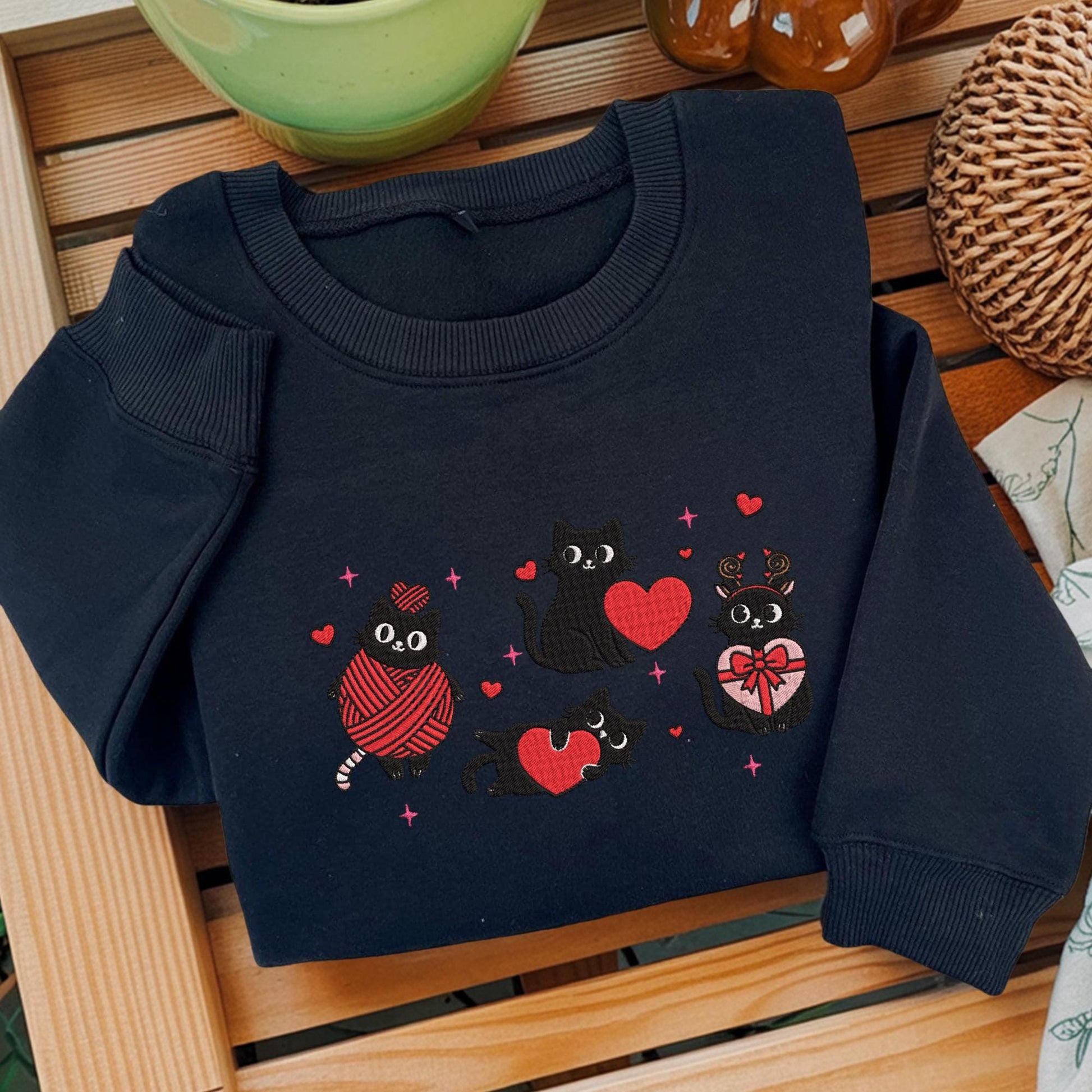 Embroidered Black Cat Sweatshirt, Valentine’s Day Cat Lover Sweater, Cute Cat Mama Gift
