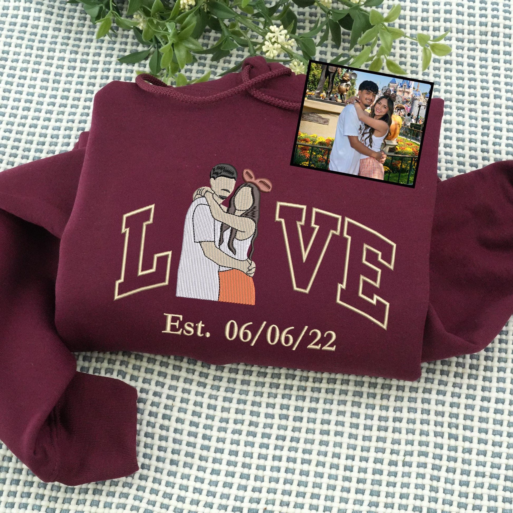 Custom Embroidered Hoodie for Girlfriend, Couple Portrait Embroidery Hoodie, Personalized Valentine Sweatshirt