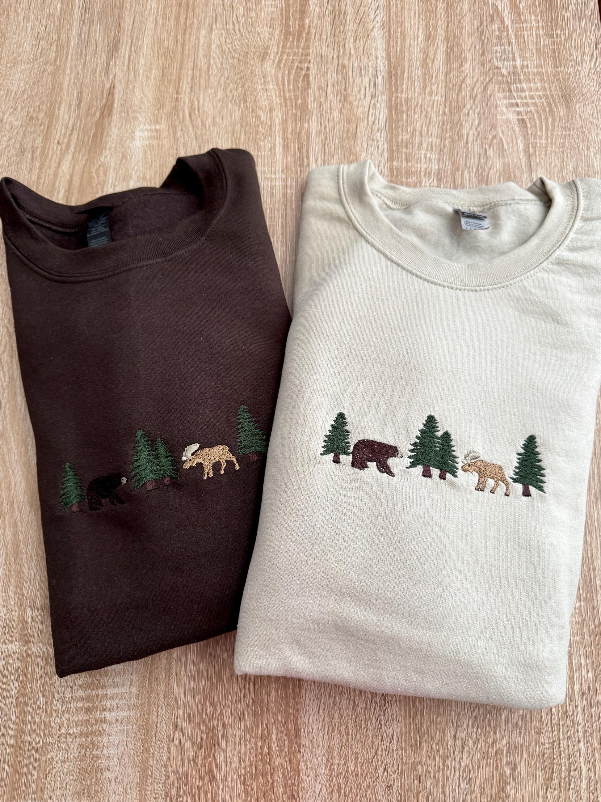 Embroidered Nature Sweatshirt, Bear and Moose Forest Wildlife Crewneck, Cozy Handmade Embroidery Gift