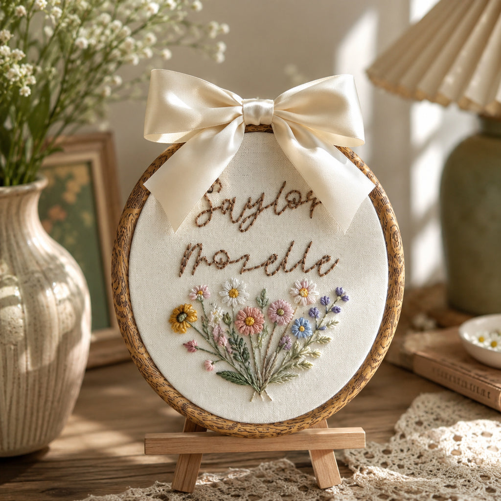 Personalized Embroidered Floral Baby Announcement Sign, Baby Birth Announcement, Newborn Name Plate, Baby Name Sign, Baby Shower Gift, Birthday Sign Decor EM03
