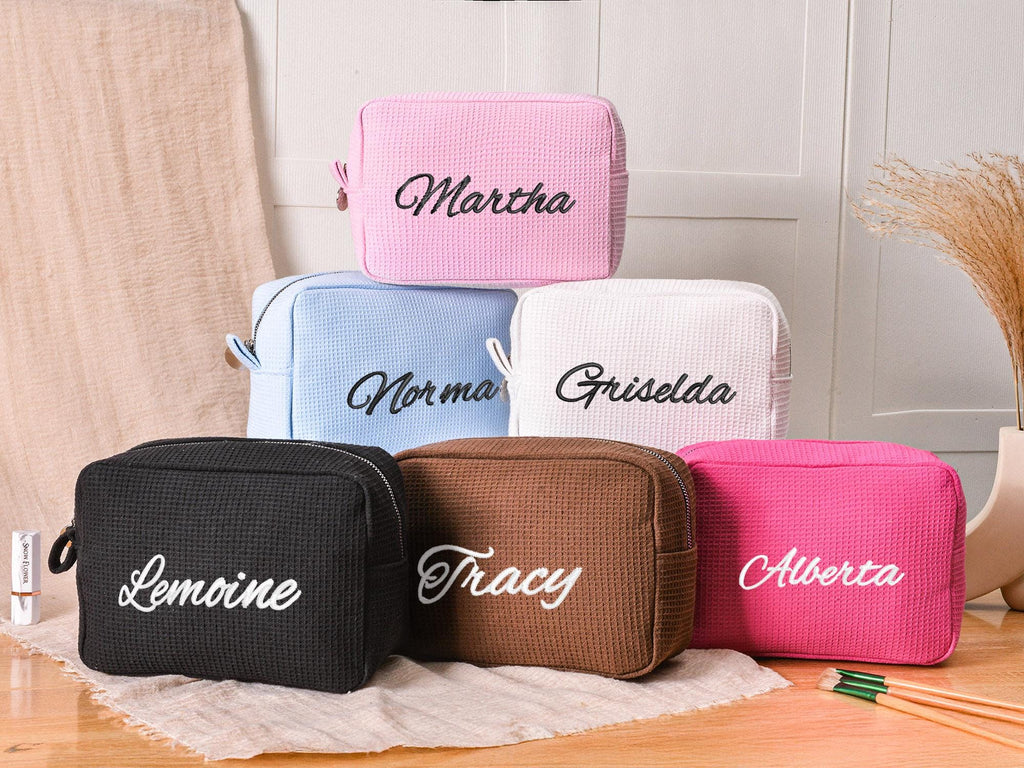 Custom Name Waffle Makeup Bag – Embroidered Monogram Cosmetic Pouch, Bridesmaid Gift, Gift for Her