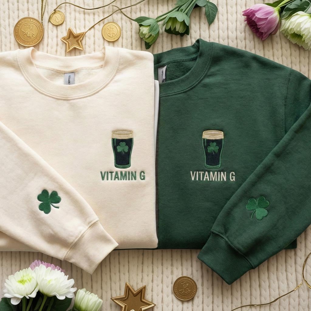 Embroidered Vitamin G Guinness Sweatshirt, Irish Beer Shirt, St. Patrick’s Day Lucky Gift, Funny Irish Drinking Crewneck