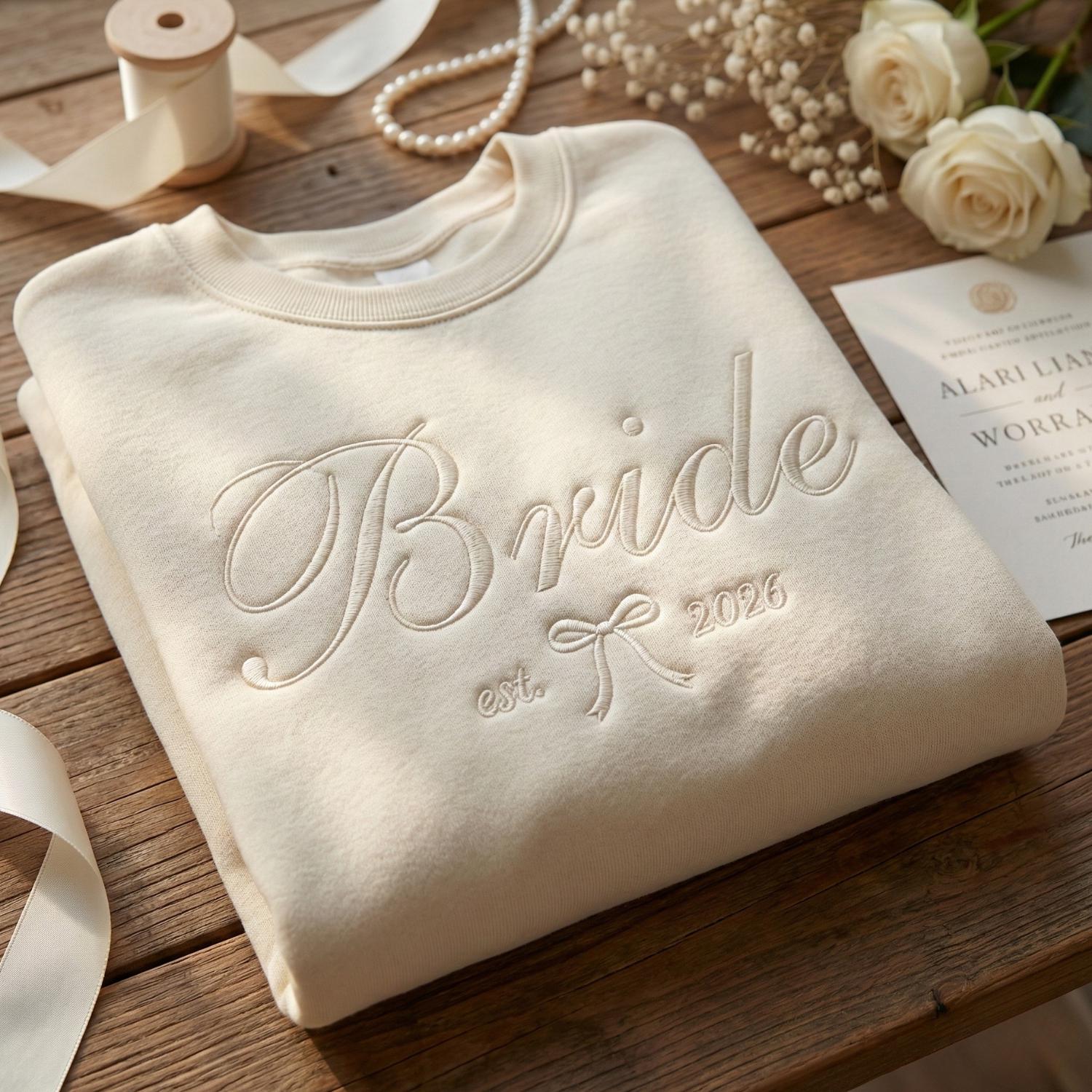 Embroidered Bride, Bridesmaid or Maid of Honor Sweatshirt, Custom Wedding Date, Personalized Bridal Party Gift, Bachelorette Crewneck