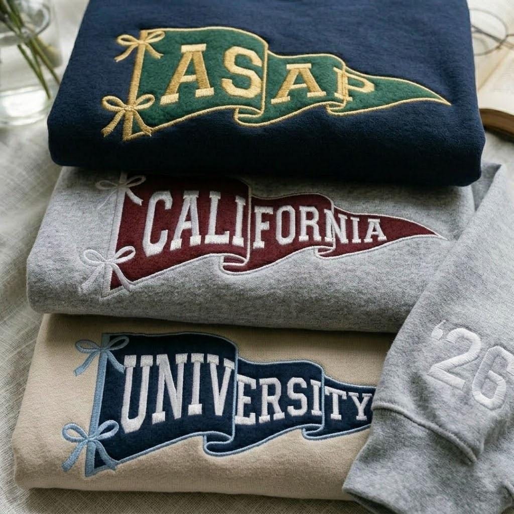 Embroidered Custom College Pennant Sweatshirt, Personalized Team Apparel, University Flag Name Sweater, Mascot Shirt, Senior Class Gift, Varsity Crewneck