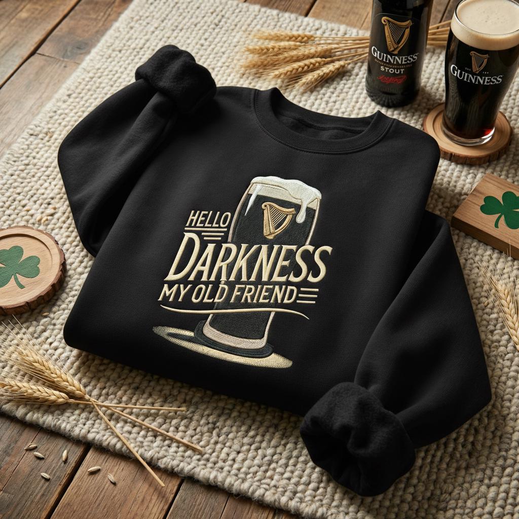 Embroidered Hello Darkness My Old Friend Irish Beer Sweatshirt, St Patrick's Day Party pullover, Stout Beer Lover, Irish Pride Apparel