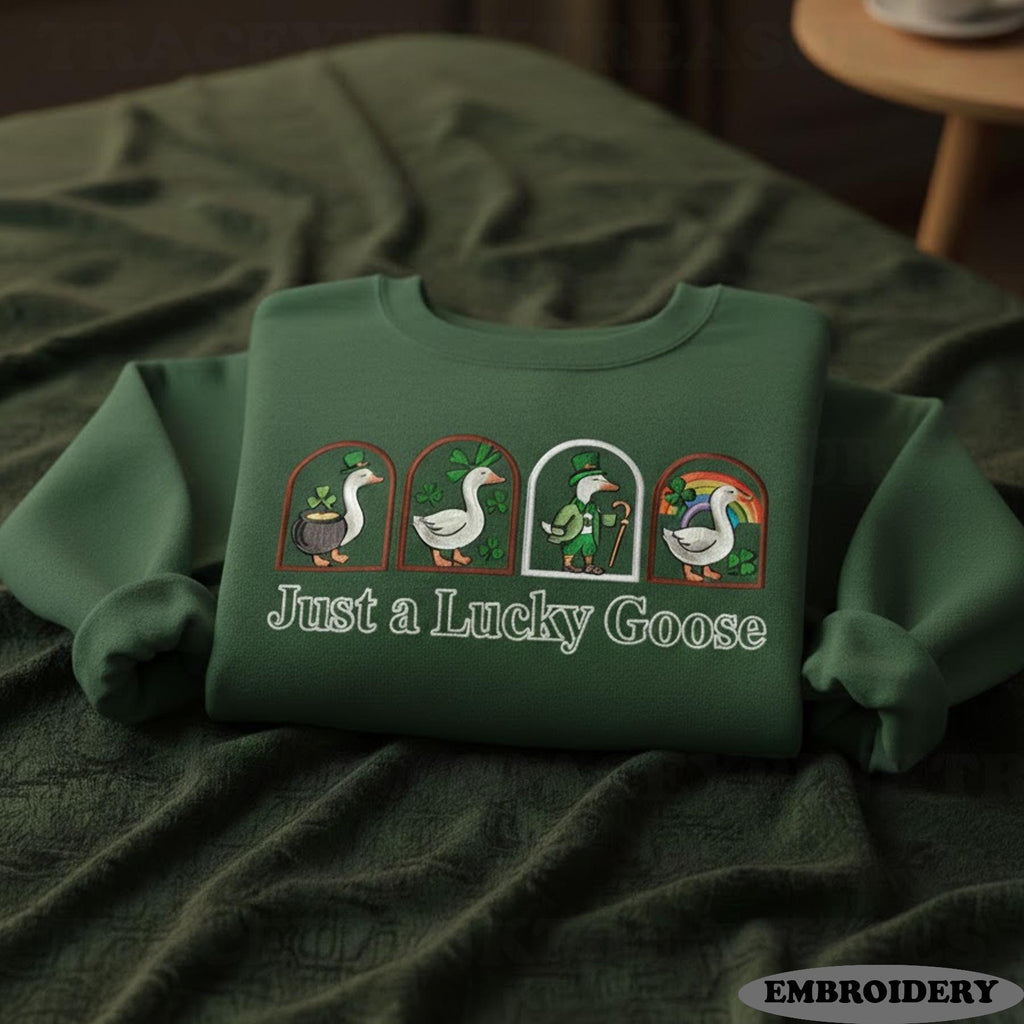 Embroidered St. Patrick’s Day Goose Shirt – Cute Funny Irish Goose Embroidery, Lucky Shamrock Holiday Gift