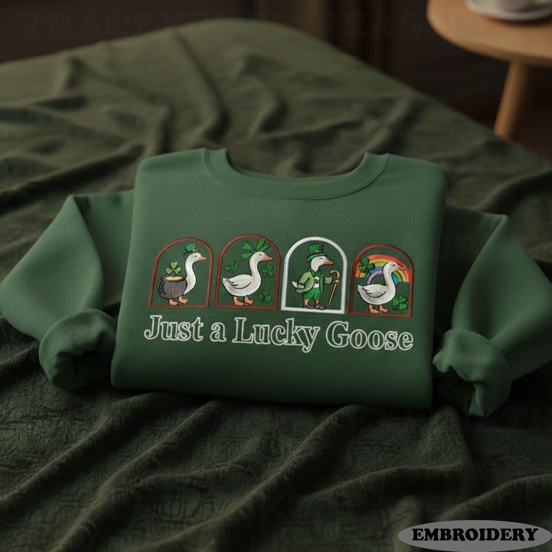 Embroidered St. Patrick’s Day Goose Shirt – Cute Funny Irish Goose Embroidery, Lucky Shamrock Holiday Gift