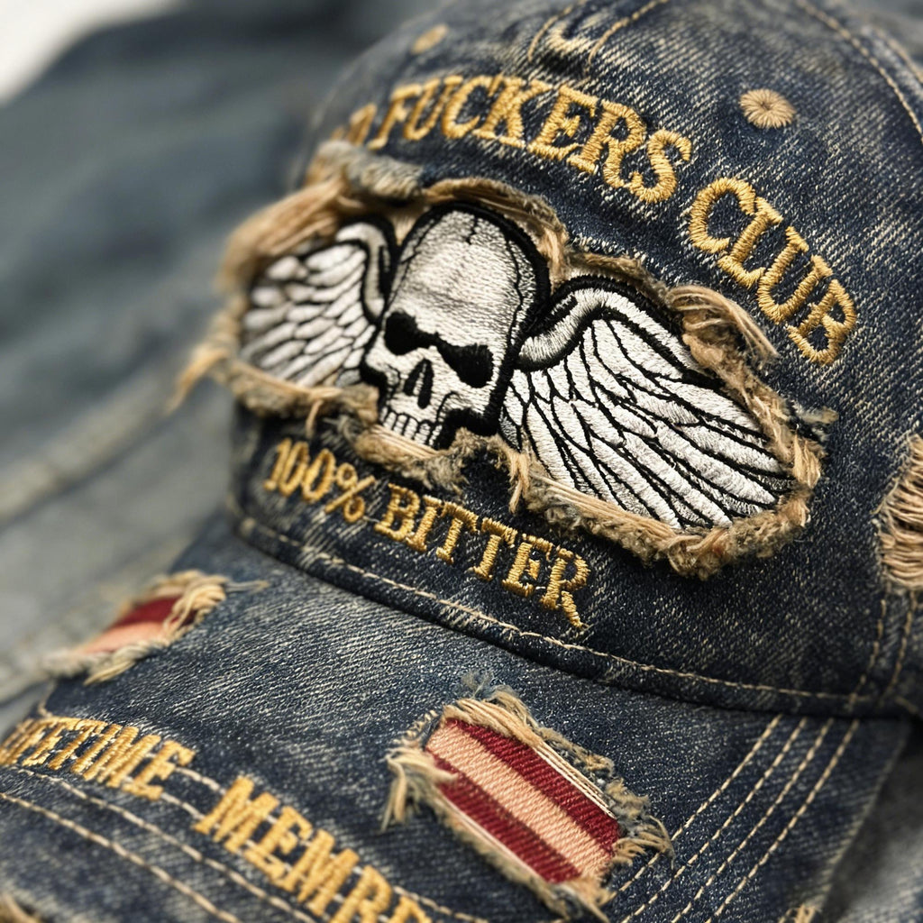 Old Fuckers Club Distressed Denim Cap – Embroidered Skull Adjustable Dad Hat