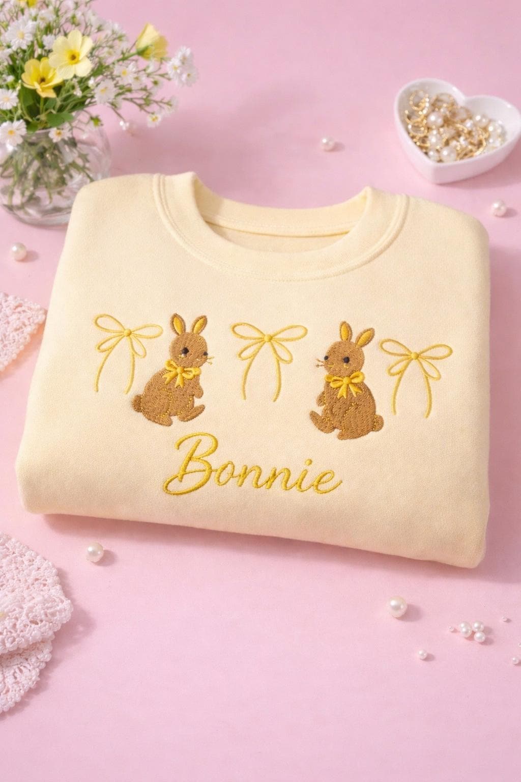 Pastel Bunny Embroidered Sweatshirt with Bows, Cute Cottagecore Crewneck Pullover, Personalized  Easter Aesthetic Sweater, Soft Girl Spring Easter Outfit,