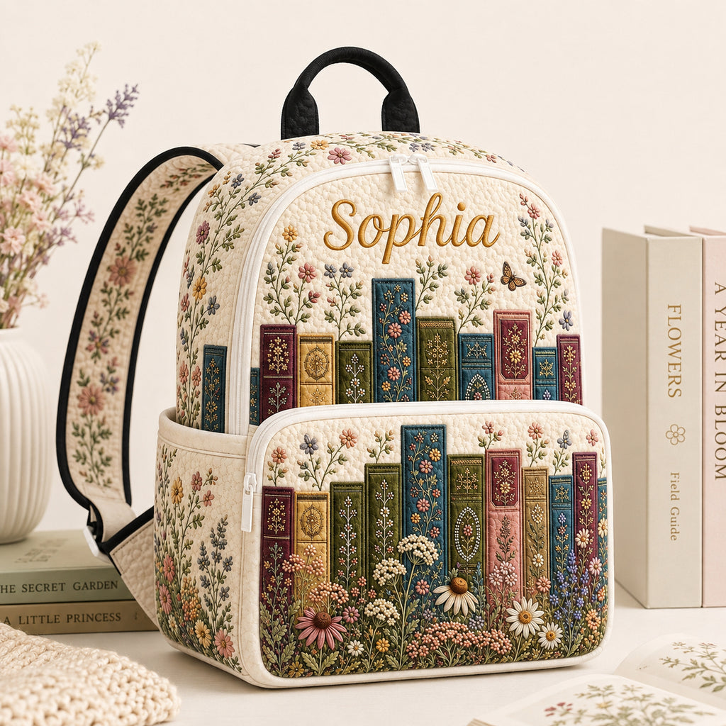 Personalized Floral Quilted Backpack, Custom Book Lover Backpack, Vintage Books Wildflowers School Bag, Travel Bag, Back To School Backpack QBP01