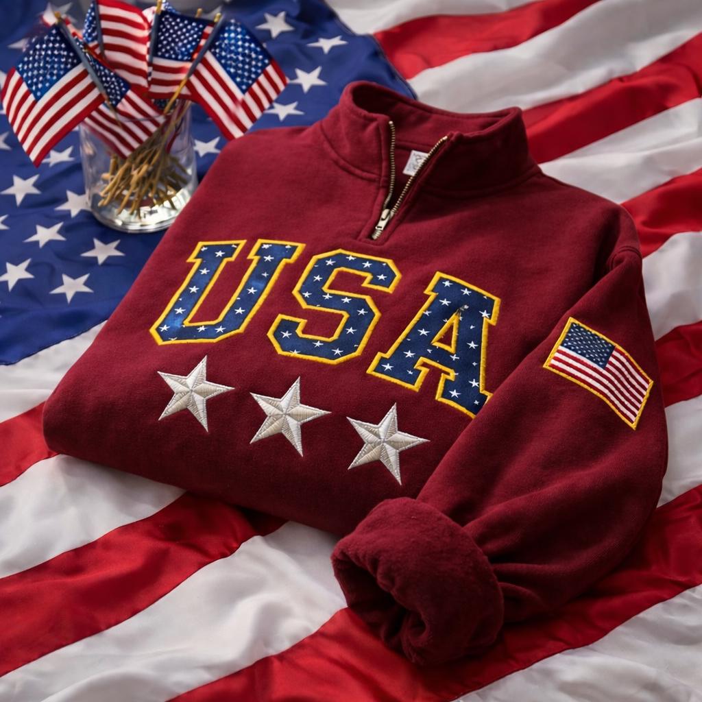 Embroidered America 250th Anniversary Quarter Zip, Celebrate Our 250th Anniversary Sweater, Usa Flag on Sleeve, Unisex Independence Day Gift