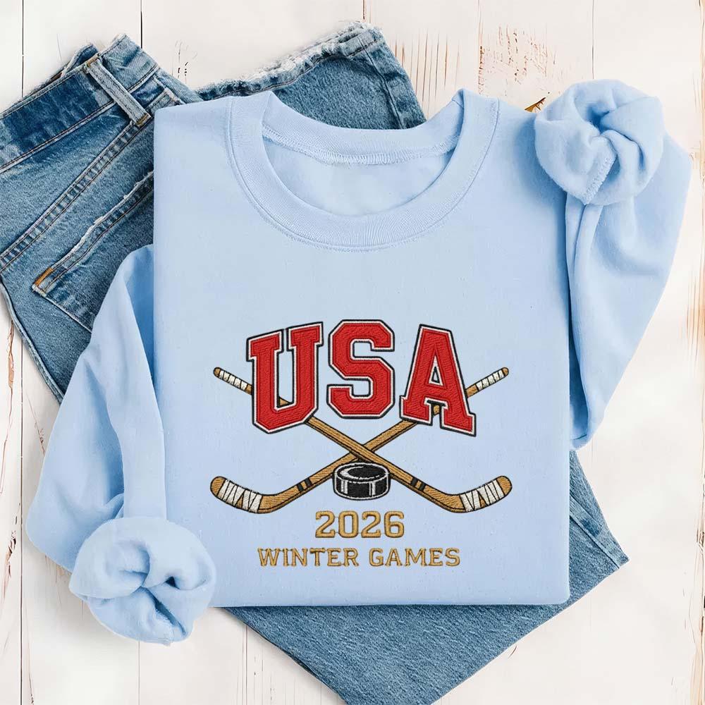 Patriotic Hockey Embroidered Sweatshirt, Jack Hughes Usa Hockey Embroidered Hoodie, Patriotic Hockey Shirt