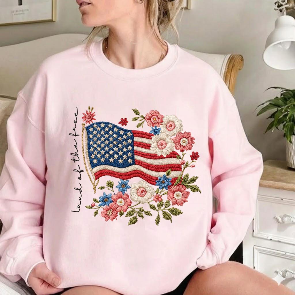 American Flag Floral Embroidered Sweatshirt – Love of the Land Patriotic Independence Day Crewneck