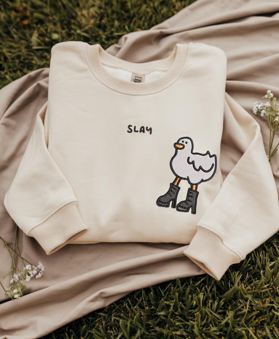 Embroidered Slay Duck Sweatshirt, Funny Duck Crewneck, Cute Monochrome Gift for Her