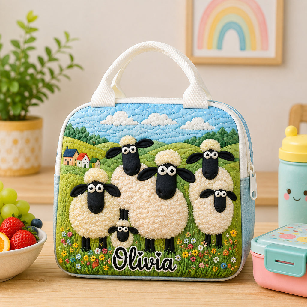 Sheep Quilted Lunch Bag, Insulated Quilted Lunch Tote, Animal Lunch Bag, Back To School Bag, Custom Kid Lunch Bag, Picnic Bag, Reusable Lunch Tote QLB04