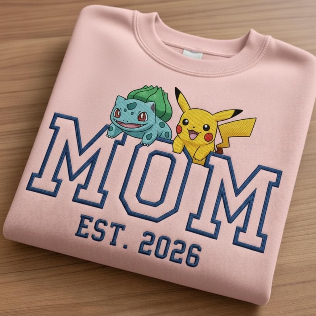 Embroidered Custom Pokemom Character Hoodie, Cute Poke Mom Characters Sweatshirt, Gift for PKM Fans, Fashion Clothing, Fathers Day Gift