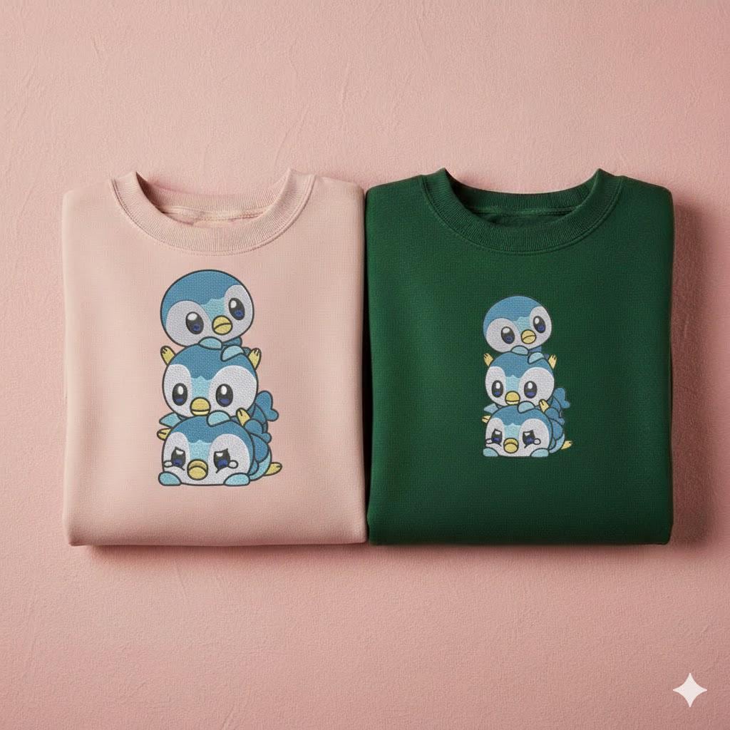 Piplup Embroidered Cute Penguin Pokemon Crewneck, Custom Piplup Stack Anime Embroidery Gift