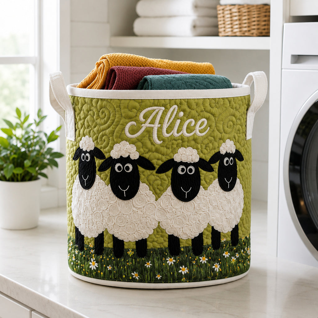 Cute Sheep Pattern Quilted Laundry Basket, Custom Sheep Storage Hamper, Custom Name Quilted Basket, Laundry Room Decor, Fabric Clothes Basket QBK78