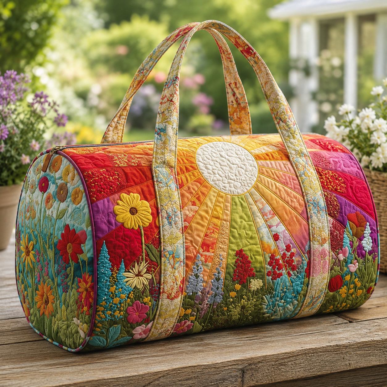 Sunshine Wildflower Quilted Duffle Bag, Custom Floral Duffle Bag, Boho Overnight Bag, Quilted Travel Bag, Quilted Weekend Bag, Custom Bag Gift DFB04