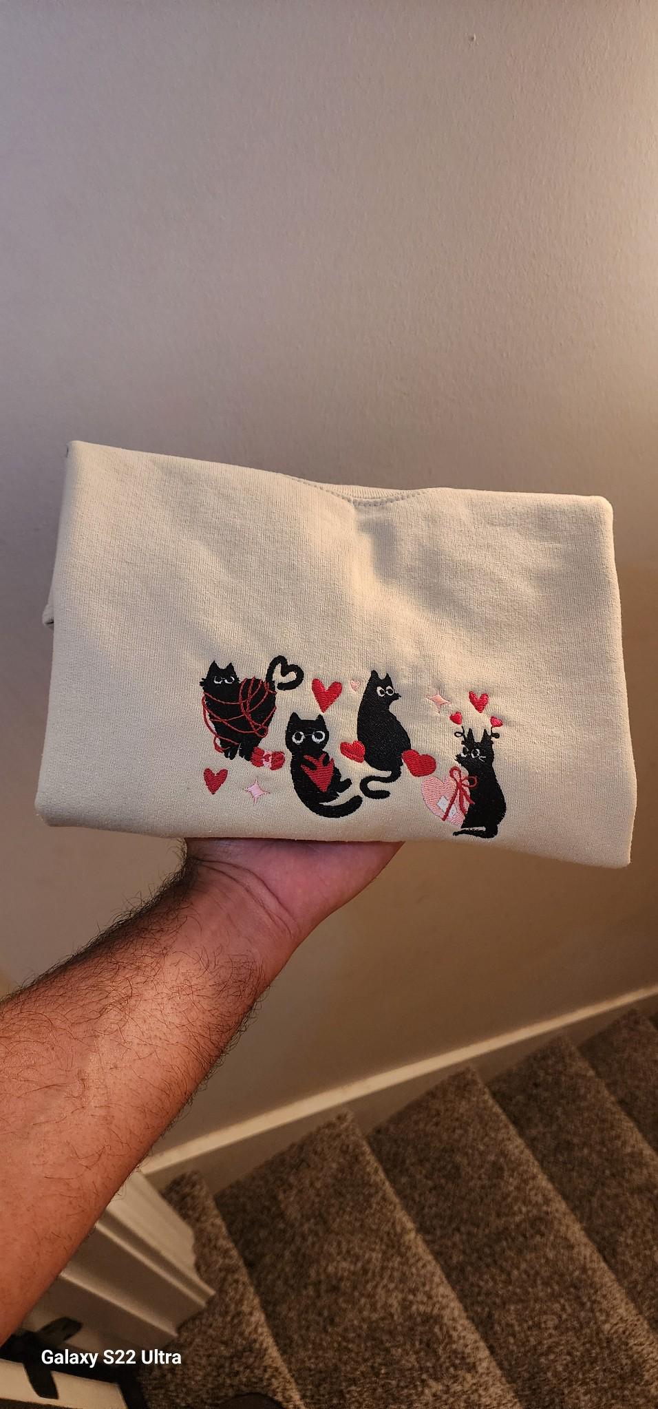 Valentine’s Black Cats Embroidered Sweatshirt, Cat Love Crewneck, XOXO Valentine Sweater