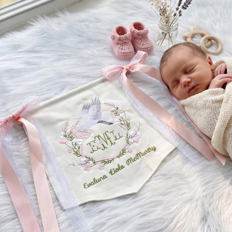 Personalized Embroidered Baby Name Banner, Custom Nursery Pennant with Floral Stork Design, Newborn Gift & Baby Shower Decor BBFLAG04