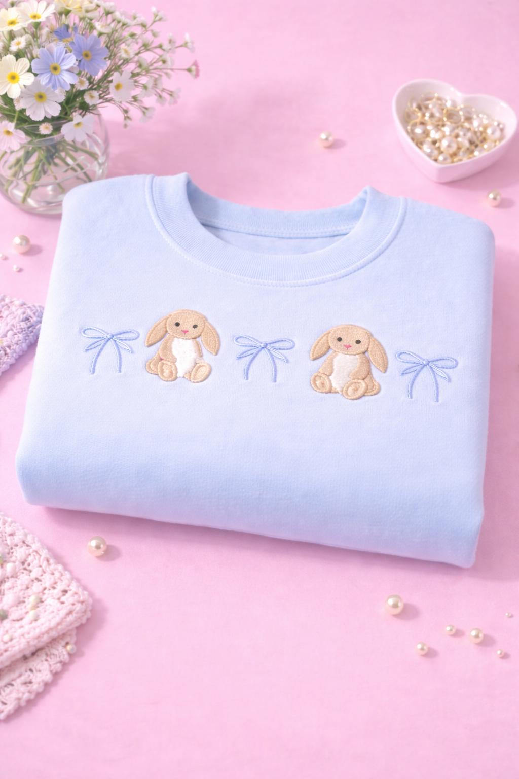 Pastel Bunny Embroidered Sweatshirt with Bows, Cute Cottagecore Crewneck Pullover, Easter Aesthetic Sweater, Soft Girl Spring Easter Outfit