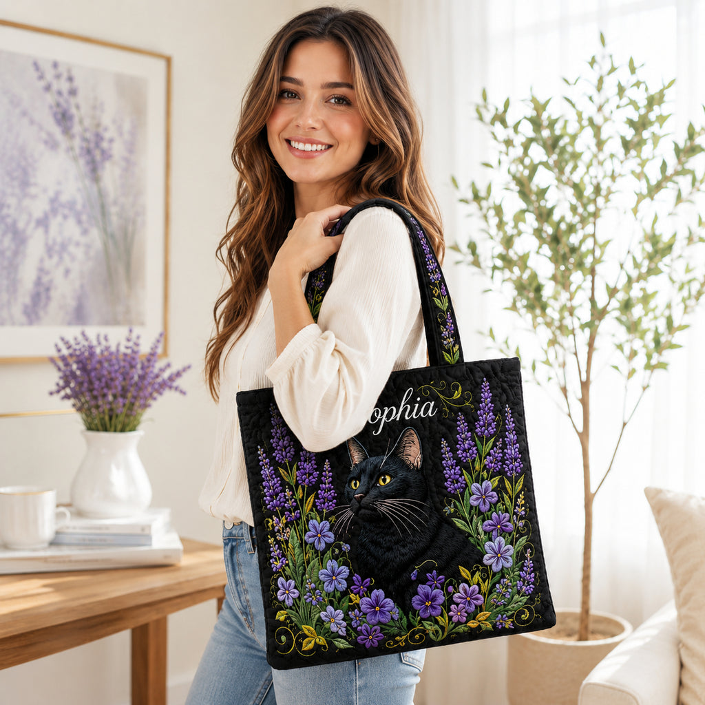 Lavender Floral Cat Quilted Tote Bag, Black cat Floral Tote Bag, Quilted Shoulder Bag, Quilted Book Bag, Fabric Bag QTOTE55