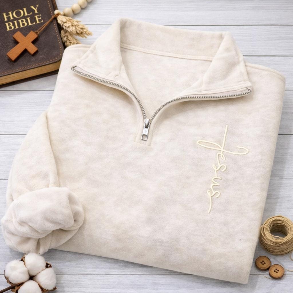 Jesus Embroidered Quarter Zip Sweatshirt, Christian Faith Pullover, Minimal Cross Shirt, Religious Cozy Top, Christian Gift for Women